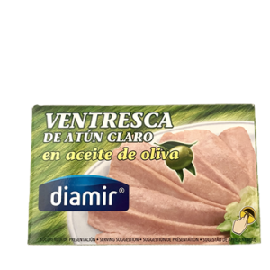 Imagen de la ventresca de atún enlatada sumergida en aceite de oliva, representando la calidad gourmet y el sabor refinado del producto.